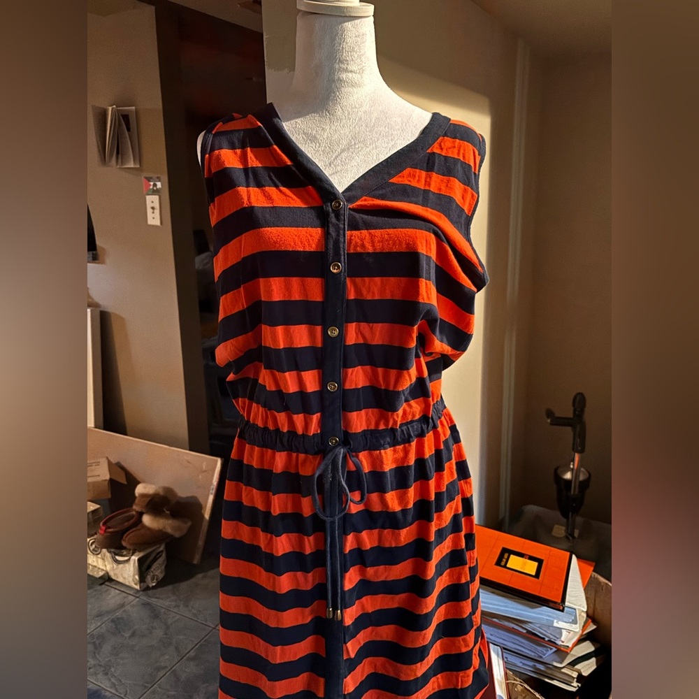 Tory Burch Orange and Black Striped Midi Dress